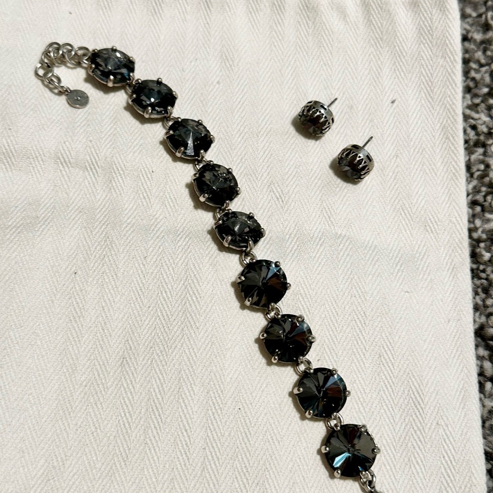 Stella & Dot Amelie Smokey Gray Hematite Crystal Silver Bracelet and earrings